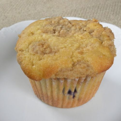 blueberry lemon muffin on a white plate