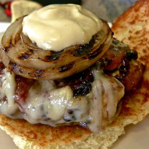 Grilled hawaiian hamburger with grilled sweet onion and wasabi may