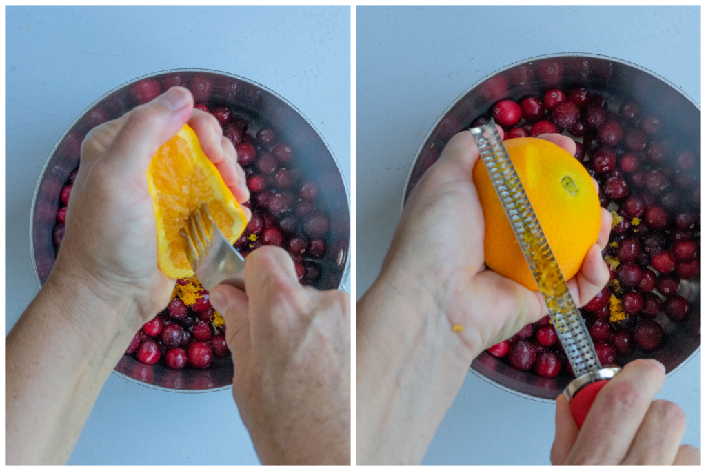 side by side photos of squeezing the juice from an orange and zesting an orange over a sauce pan of cranberries