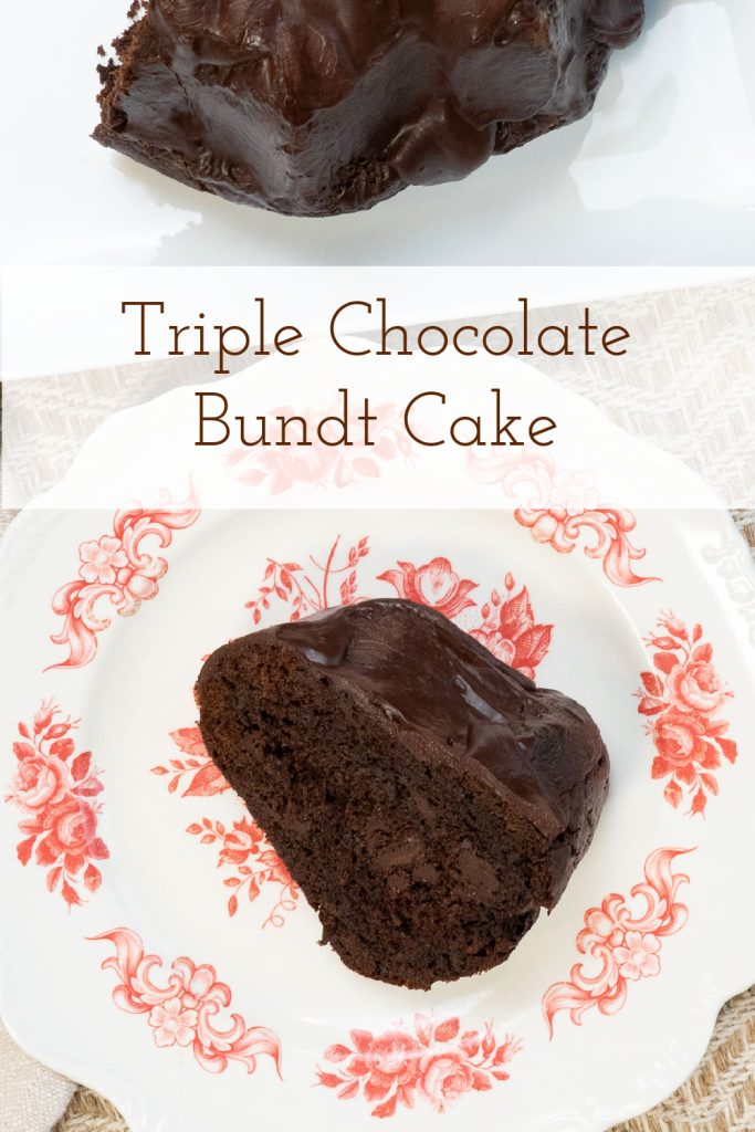 Photo of a slice of the triple chocolate bundt cake on a white plate with red floral trip the whole cake is in the top of the photo and there is a title banner across the middle