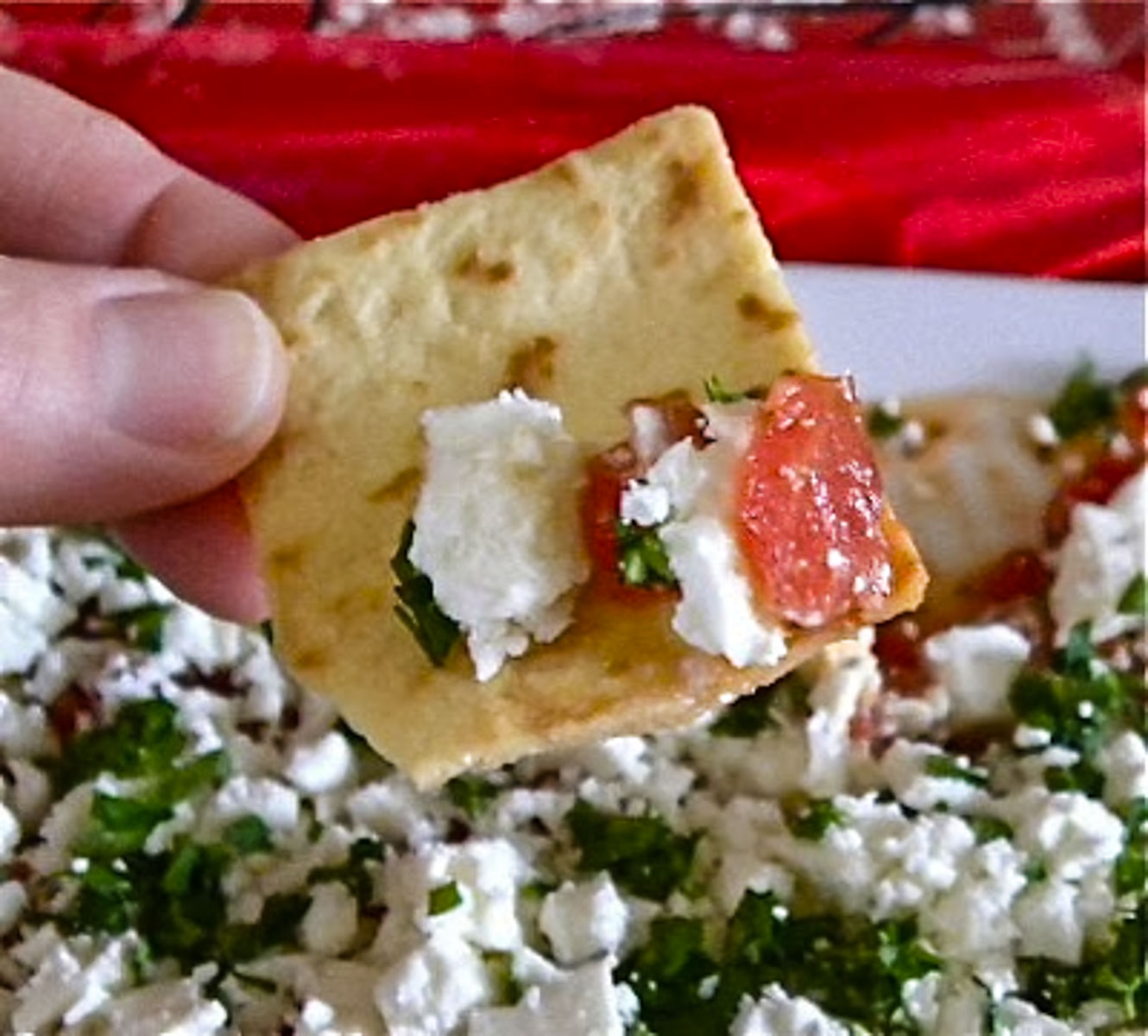 Dipping pita chip into festive feta dip.