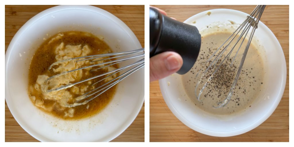 preparing dressing for pasta salad, photo on the left is mayonnaise and caesar salad dressing in a white bowl.  Photo on the left is dressing is mixed and pepper is being added.