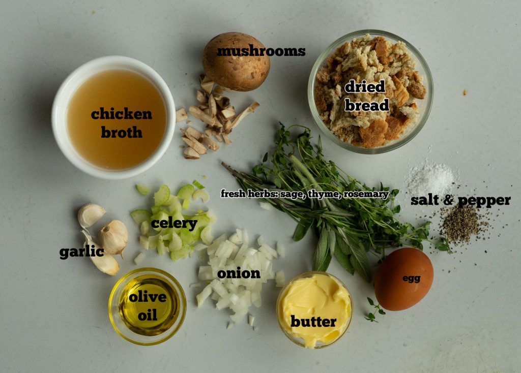 ingredients for crock pot stuffing on a gray background