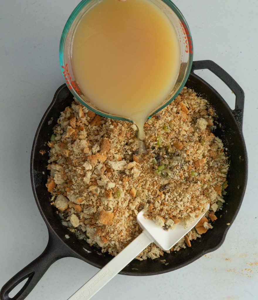 add dried bread and broth egg mixture to vegetables