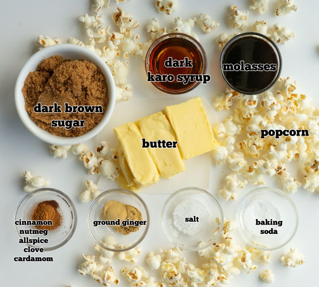 gingerbread caramel corn ingredients on a gray background