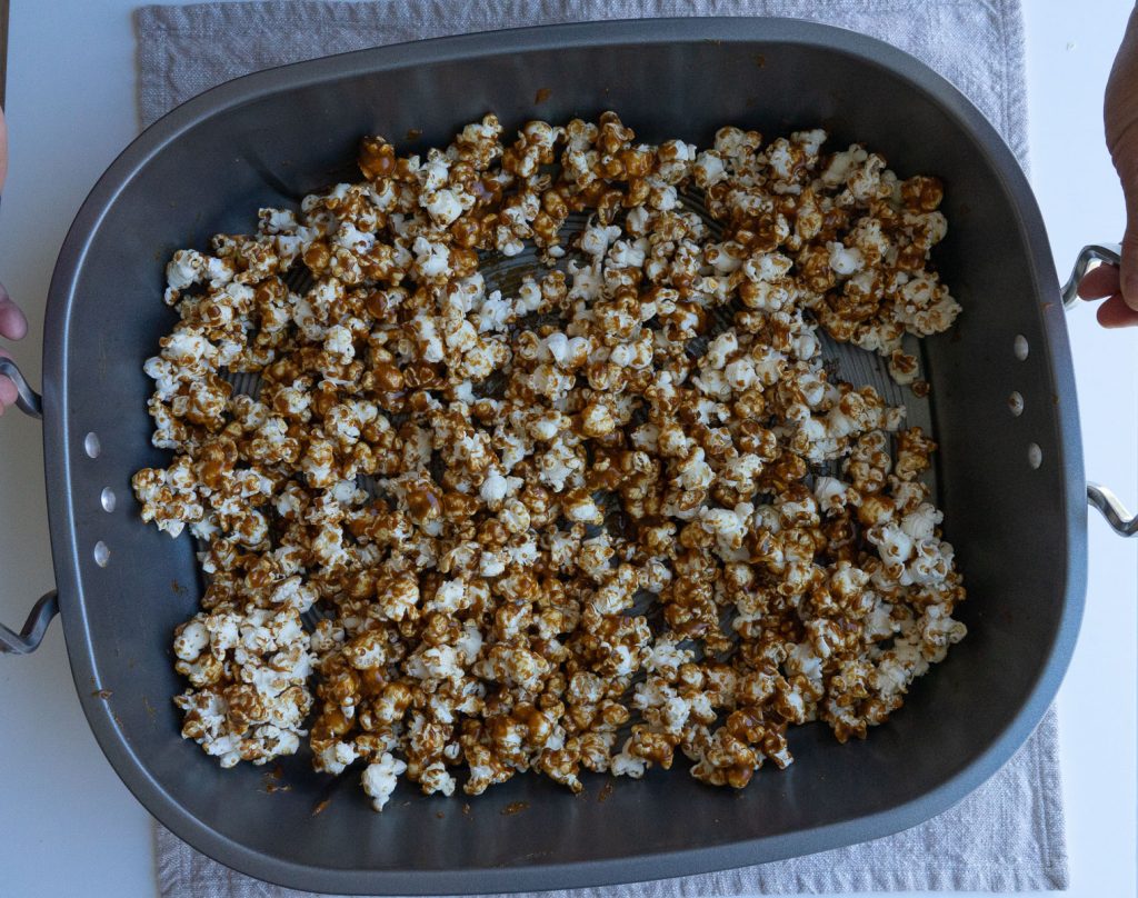 gingerbread caramel corn in large roasting pan