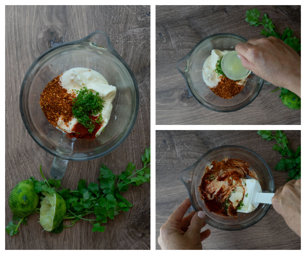 collage of step by step making the sauce for the mexican corn casserole. left photo is all ingredients in a glass bowl on a wood surface. top right photo is a hand adding lime juice, bottom right photo is the sauce being mixed with a white spatula