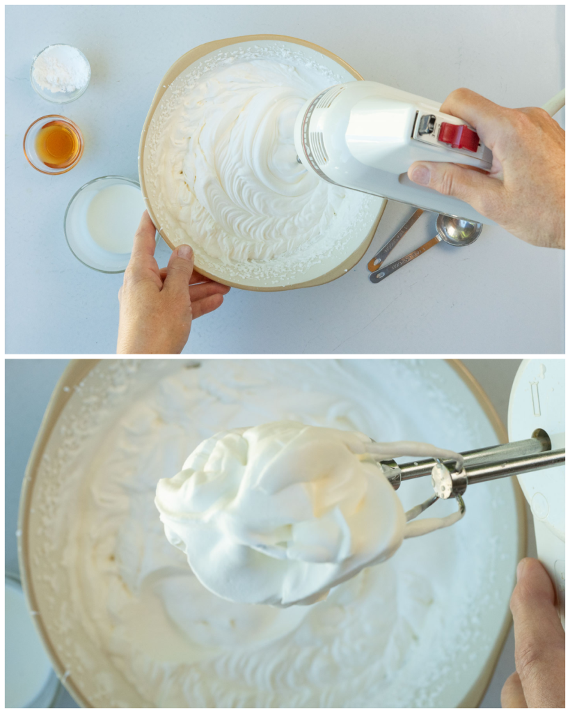 photo of heavy whipping cream in a bowl with hand mixer whipping it until there are stiff peaks