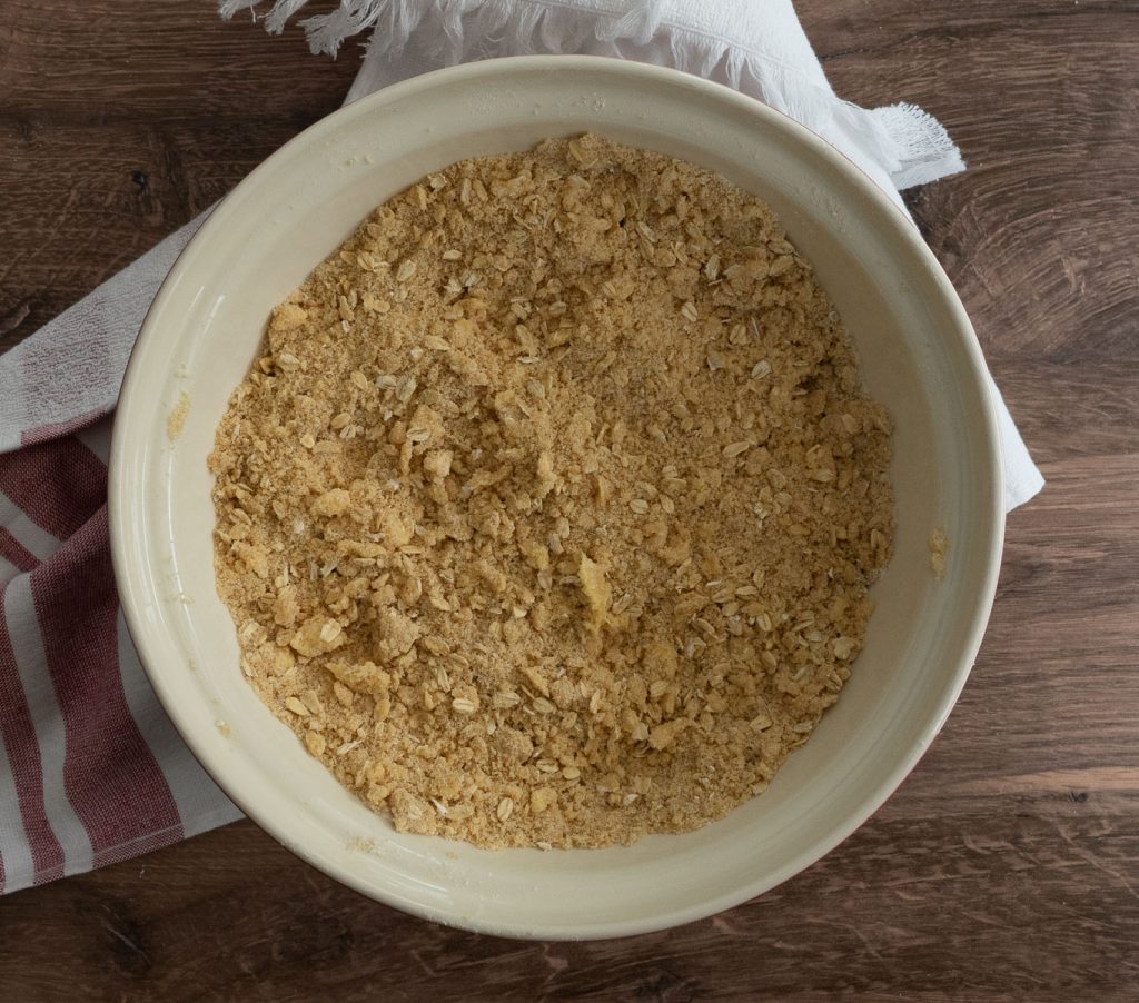 bowl of crumble topping for fruit crisp or fruit pies