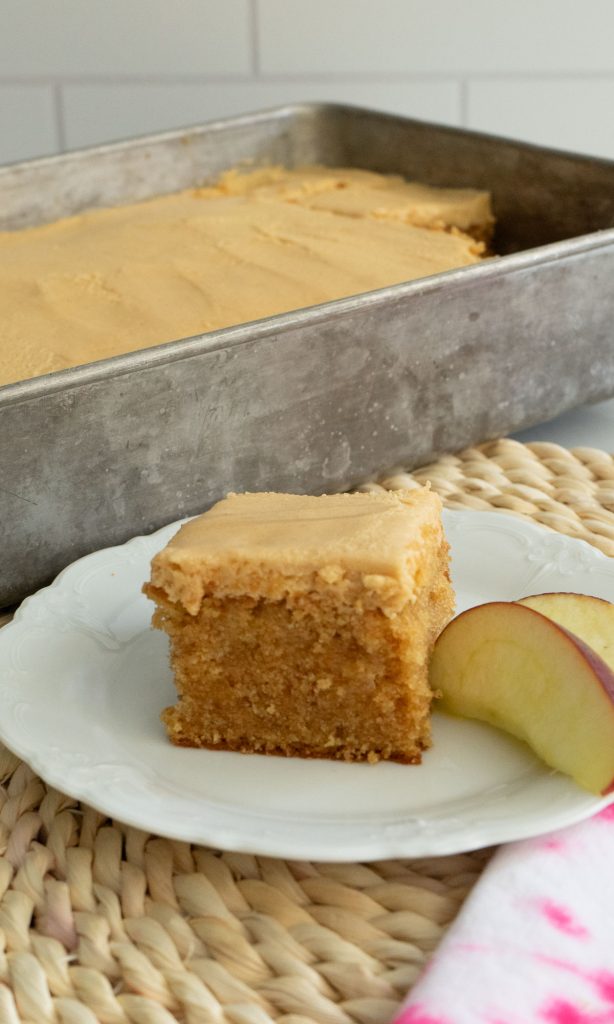 piece of peanut butter snack cake on a white plate cake pan with cake in the background