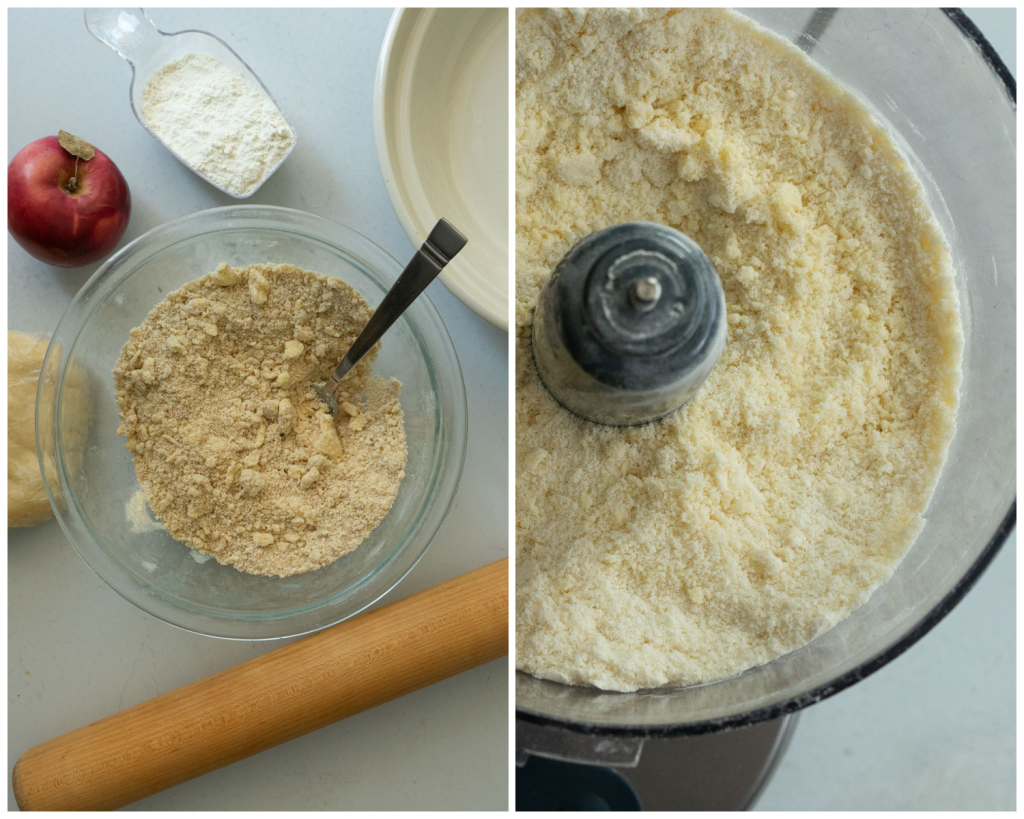 divided photo. left side is a glass bowl of crumble topping. right side is crumble topping made in a food processor