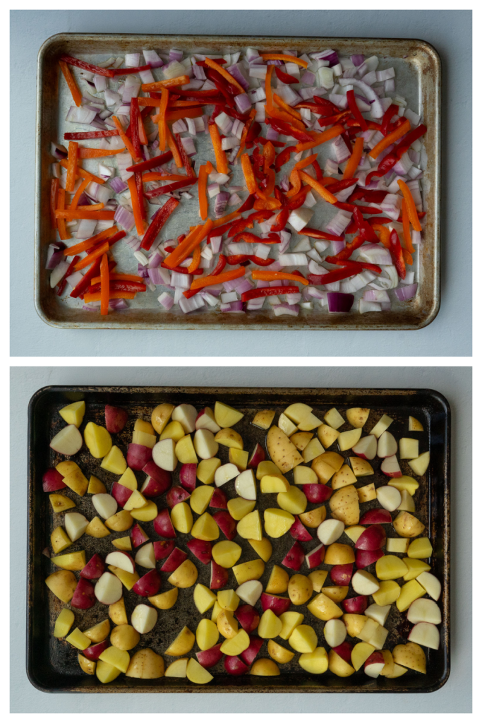 top photo is of onions and peppers on a baking sheet, bottom photo is of cubes of potato on a baking sheet