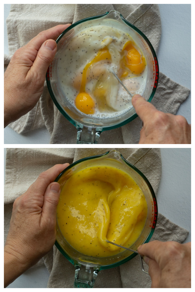 demonstration of eggs and milk being whisked together in a glass bowl. 