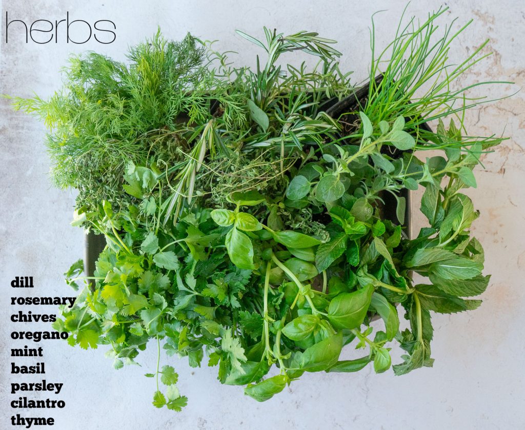 a basket of fresh herbs on gray counter top shown from aerial view