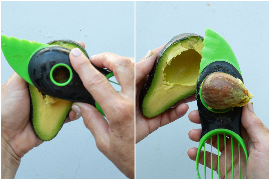 using a tool to cut and take the pit out of an avocado