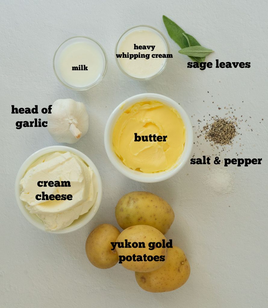 ingredients for brown butter sage mashed potatoes with roasted garlic